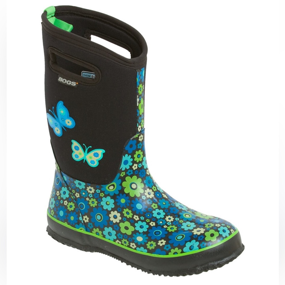 Bogs Kids' Blue and Green Floral Rain Boots
